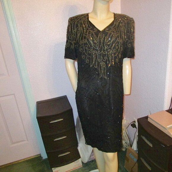NOS Silk BEADED Sequins Size L DRESS Shimmer V-NECK Black Gold JMC Lined FORMAL - Picture 1 of 12